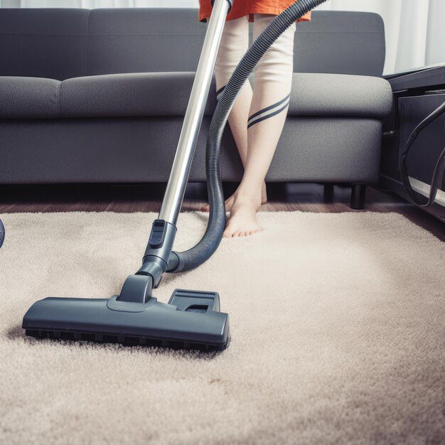 A woman vacuuming a carpet with a vacuum cleaner, ensuring a clean and tidy living space