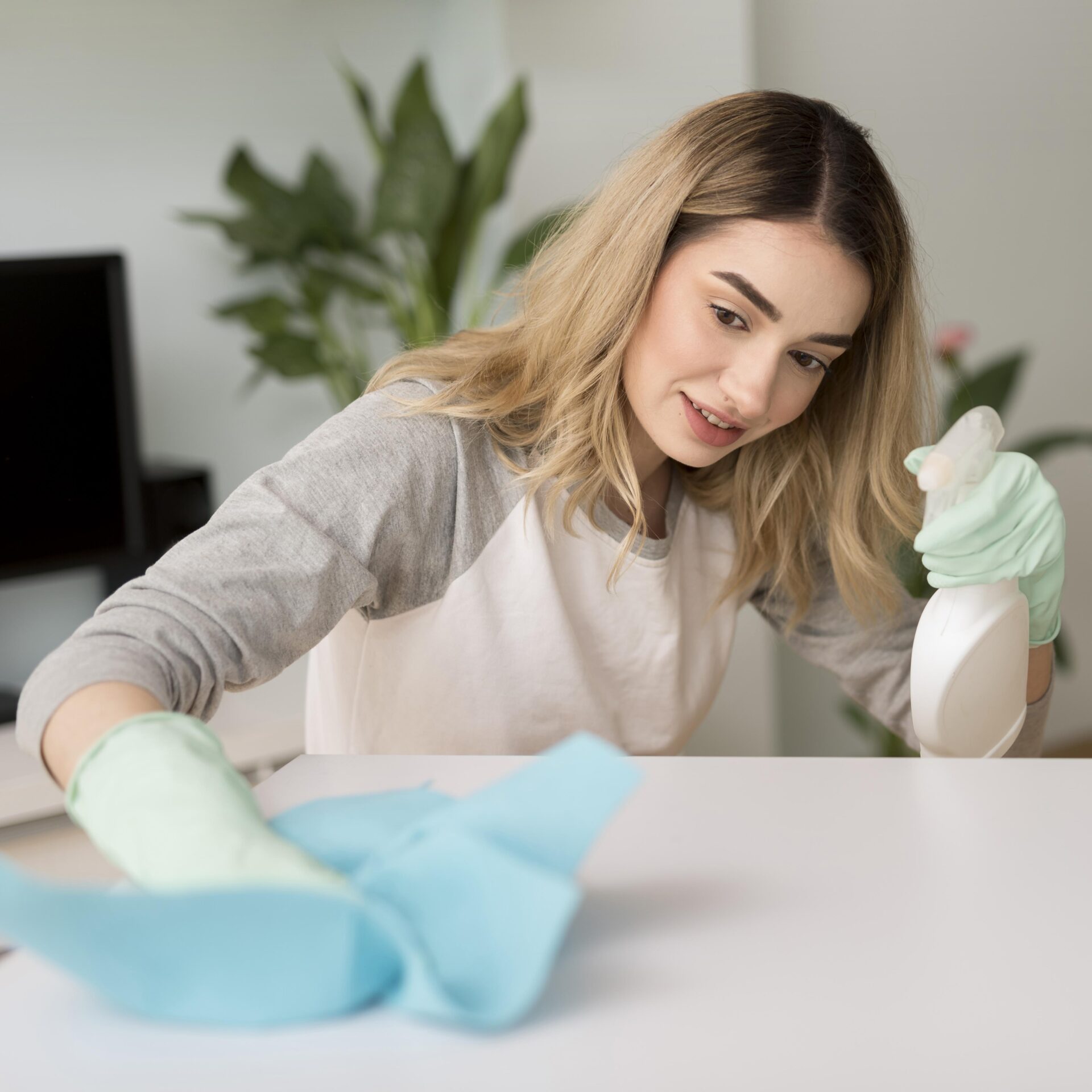 A woman in an apron and gloves is actively cleaning a table with a solution spray and cloth