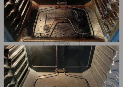 Two images of an oven with the door open, showcasing the interior and cooking space available inside.