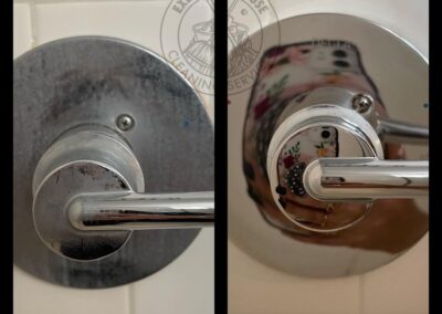 Image of a shower handle featuring a sticker, displayed in two different perspectives for clarity and detail.