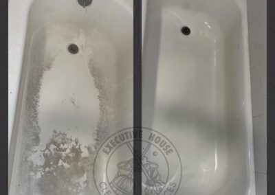 Before and after images showcasing a thoroughly cleaned bathtub, highlighting the transformation and improved appearance.