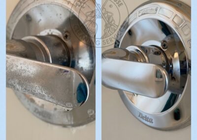 Two images of a bathroom faucet showcasing a handle and a lever design for versatile water control.