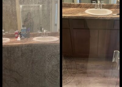 Before and after images showcasing a bathroom transformation featuring a sink and counter upgrade.